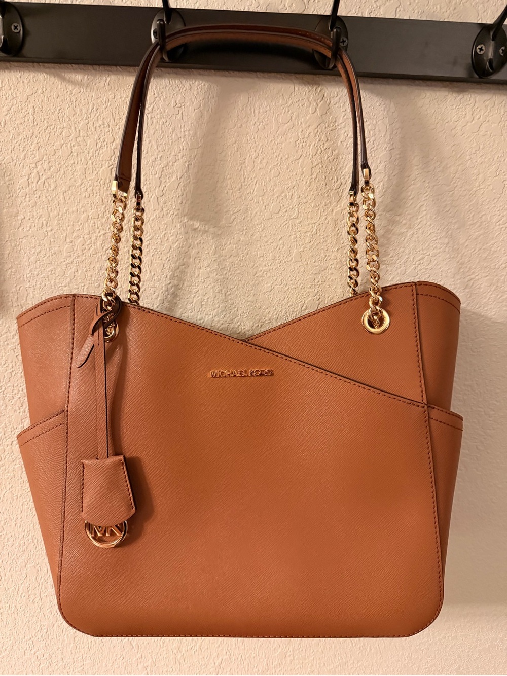 Michael Kors Cognac Leather Tote with Gold Chain Straps